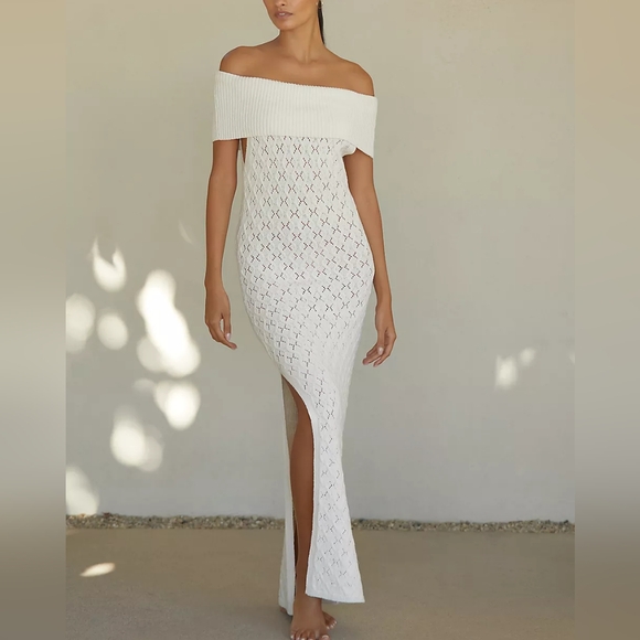 Anthropologie Tropics Off Shoulder Off White Crochet Maxi Sweater Dress - Picture 1 of 8